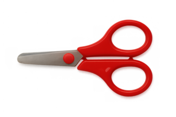 Red plastic scissors for school or craft activities, isolated on a transparent background, flat lay style