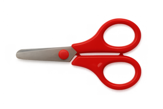 Red plastic scissors for school or craft activities, isolated on a transparent background, flat lay style
