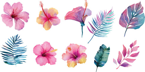 set of colorful flowers and leaf