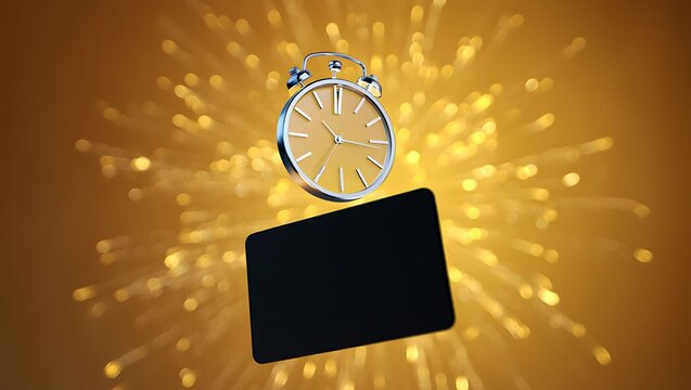Vintage pocket watch levitating above a black tablet with golden light bursts