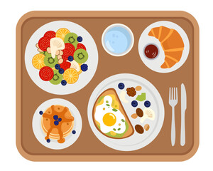 Classic Breakfast Meal on Tray – Fried Egg, Sausages, Bacon, Beans, Coffee, Juice and Pancakes Illustration