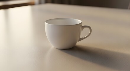 A simple white ceramic mug sits on a light colored surface