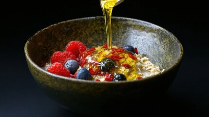 Sweet golden liquid cascades onto a bowl of warm cereal topped with fresh berries