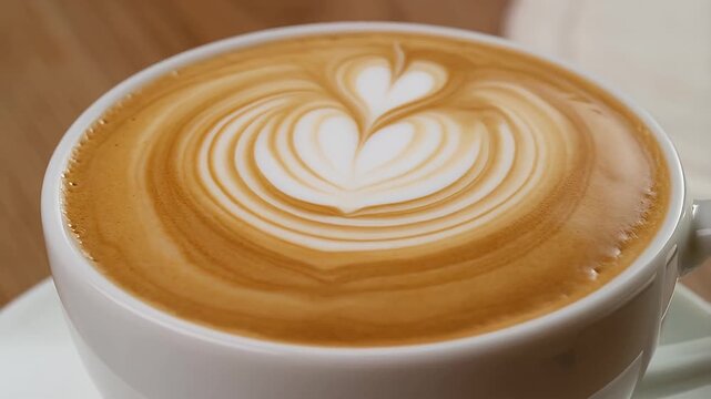 Close-up of latte art with rosetta and heart shapes in a cup