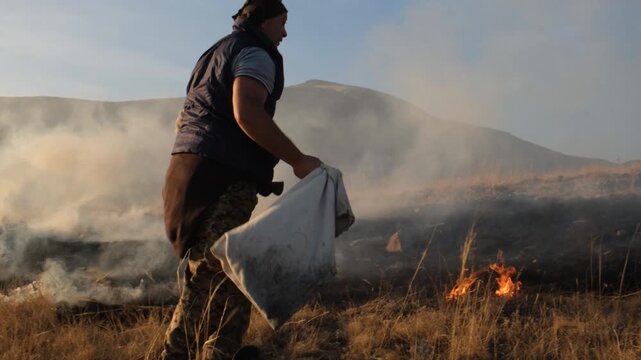 A lone volunteer fights a forest fire using improvised tools without special firefighting equipment. The person beats burning grass with a piece of thick cloth. Concept of wildfires.