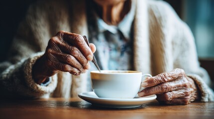 Elderly person delicately stirs warm beverage in a ceramic cup resting on a saucer