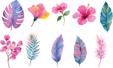 Fototapeta premium Watercolor tropical flowers and leaves
