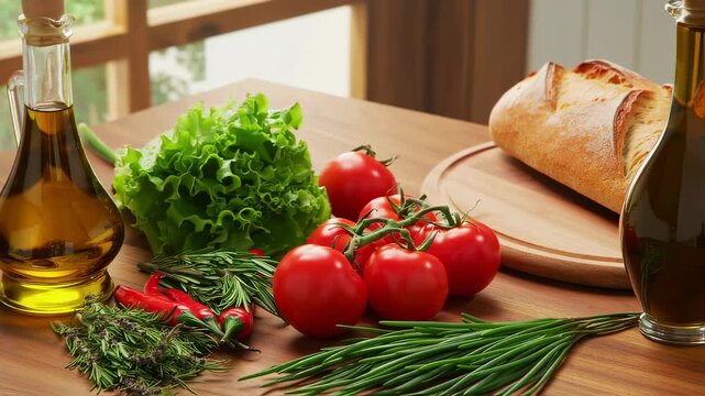 A still life of fresh ingredients on a wooden table, including tomatoes, lettuce, and herbs