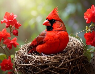 Bright red cardinal sits serenely in a cozy nest surrounded by vibrant red flowers and greenery