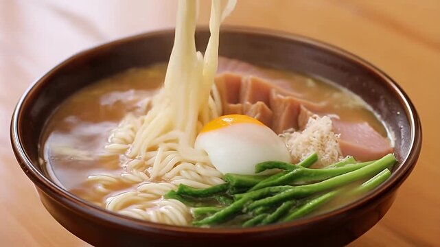 Steaming bowl of savory noodle soup with egg and meat topping for delicious meals