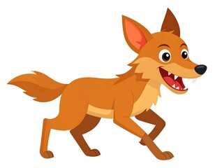 Cartoonish brown canid smiles widely, with pointed ears and bushy tail, on a white background
