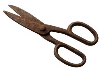 Old rusty metal tailoring shears showing a vintage tool for crafts and sewing, isolated object, transparent background