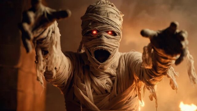 A dramatic scene of a mysterious mummy reaching forward through flickering shadows evoking ancient legends cinematic tension and the immersive storytelling power that brings forgotten myths 