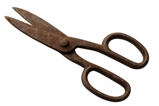 Old rusty metal tailoring shears showing a vintage tool for crafts and sewing, isolated object, transparent background