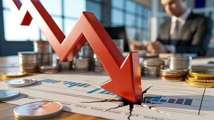 Red downward arrow breaking financial chart showing economic decline