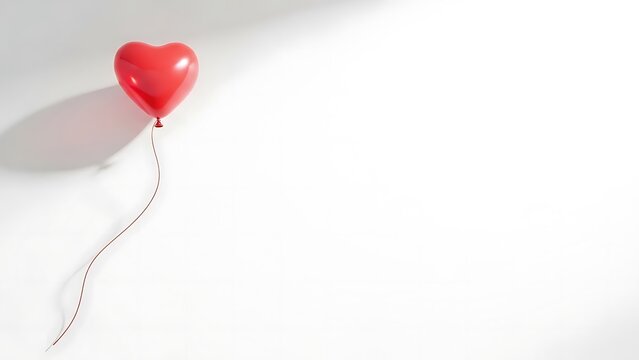 A single red heart-shaped balloon casts a shadow on a clean white surface, evoking themes of love and celebration