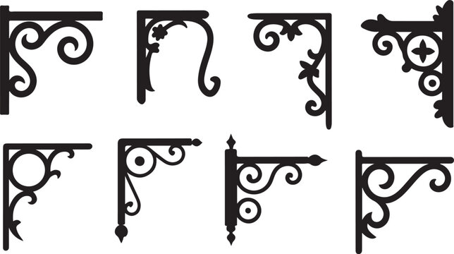 Set of eight ornate black silhouette corner bracket designs with floral and scroll motifs