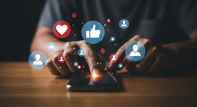 Person using smartphone with social media icons floating around in a dark background - Powered by Adobe