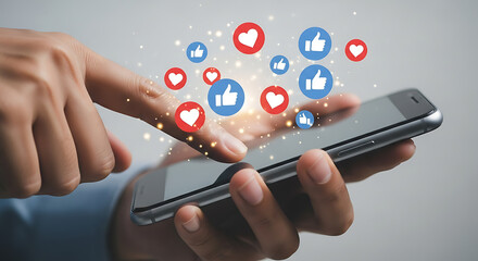 Person using a smartphone with social media like and heart icons floating above the screen