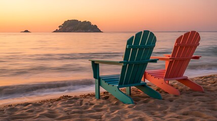 Colorful beach chairs facing calm ocean waves at peaceful sunset
