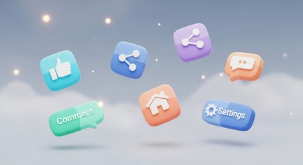 Abstract pastel-colored 3D social media icons floating against a cloudy sky backdrop
