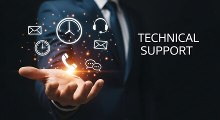 A hand holding glowing technical support icons with a man in a suit in the background