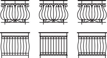 Set of Six Black Silhouettes of Decorative Balcony Railings with Circular Patterns selection