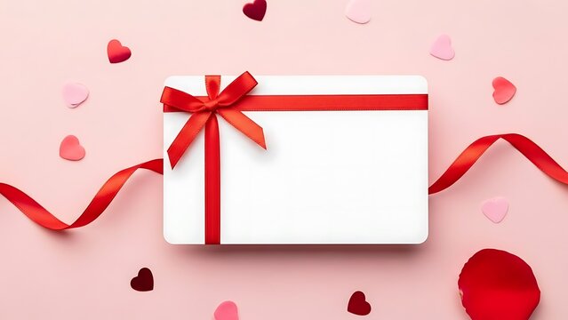 Top view of a blank white gift card with a bright red satin ribbon bow on a pastel pink background, surrounded by heart-shaped confetti for Valentine's Day - Powered by Adobe