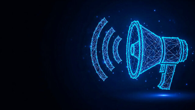 A futuristic blue glowing polygonal megaphone and radiating sound waves on an abstract digital background, symbolizing modern communication, alerts, and marketing strategies.