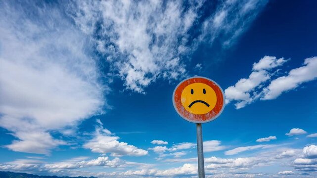 A bright yellow sign featuring a sad face set against a vivid sky creating a symbolic image that blends simplicity playfulness mood expression and the universal language of emotions communic