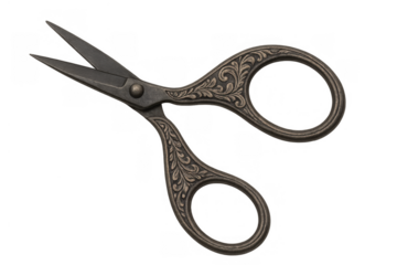 Vintage ornate embroidery scissors cutting tool, antique metal craft accessory, sewing artwork instrument flat lay on transparent background