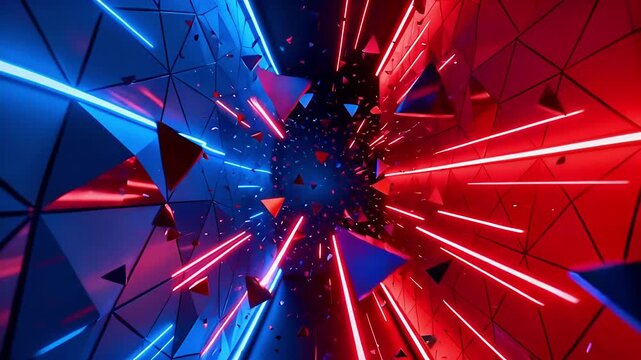 Abstract Triangles Fly Through Red and Blue Neon Lit Geometric Space