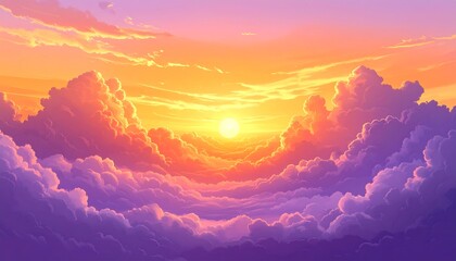 Cartoonish fluffy clouds gather around the sun at sunset, creating a vibrant and colorful skyscape