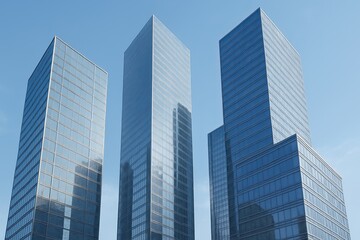Modern Glass Skyscrapers Under Blue Sky – Realistic 3D Render of Contemporary Architecture

