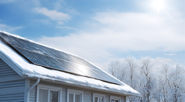 a picturesque single-family house roof covered with a thin layer of snow, solar panels mounted on it glossy and shining under winter sun, soft winter light, cool tones of blue and white.