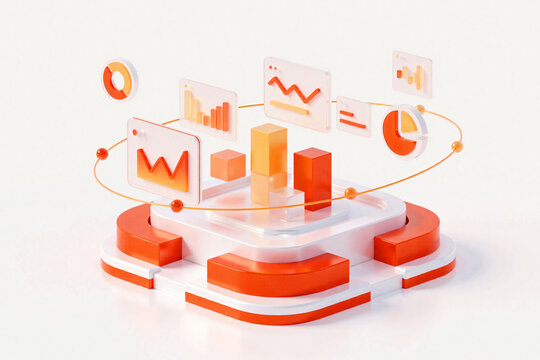 3D Render of Modern Data Visualization Dashboard with Charts and Graphs