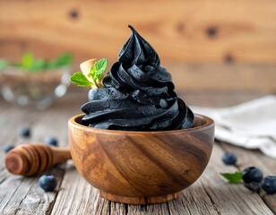 Black soft serve dessert in a wood bowl, wooden background, mint, blueberries