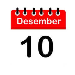 December 10 calendar icon flat design illustration. Calendar template, red and white, sticker, poster, banner, emoticon.