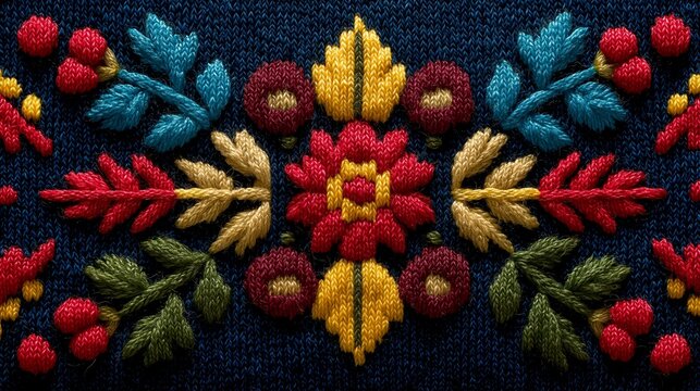 Vibrant floral embroidery showcasing intricate patterns in bright colors on a dark fabric background