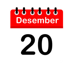 December 20 calendar icon flat design illustration. Calendar template, red and white, sticker, poster, banner, emoticon.