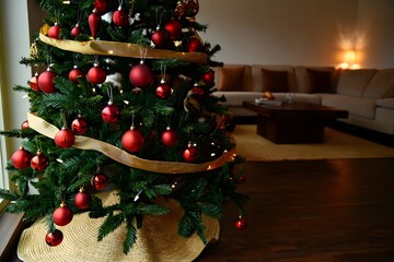 A beautifully decorated christmas tree with red ornaments and golden ribbon stands in a cozy room next to a warm glowing candle
