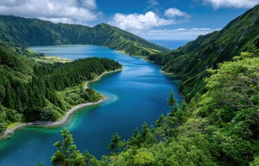a panoramic view of the azores islands, with two distinct lakes and green hills surrounding them.