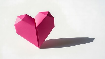 A vibrant pink origami heart casting a subtle shadow on a white surface, symbolizing love and affection in a minimalist style