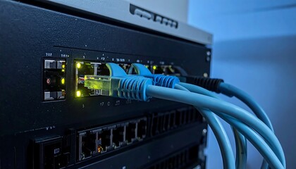 Cables connect to a server panel, lights blinking, showing an organized network configuration in a technological environment