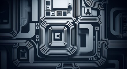 Intricate Circuit Board Design with Glowing Lines and Geometric Patterns.