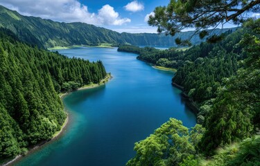 a panoramic view of the enchanting landscape with its blue lakes and green valleys, the azores islands in portugal