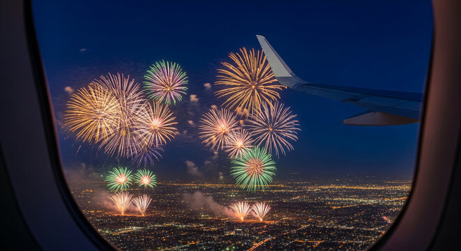 View from an airplane window shows colorful fireworks above illuminated cityscape at night, representing celebration, travel and new perspectives