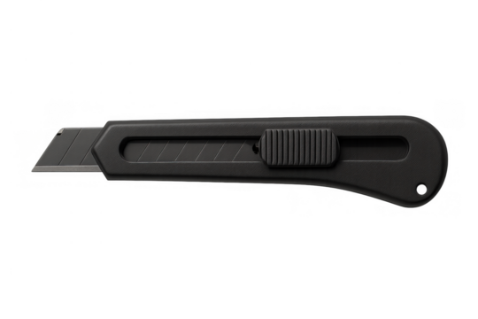 Black utility knife with sharp retractable blade for construction, craft, office work, and precise cutting tool on transparent background