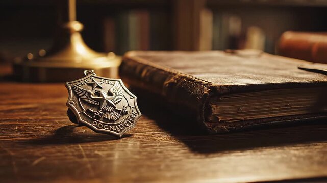 Detailed Close-Up of a Vintage Book and Emblem on a Wooden Table