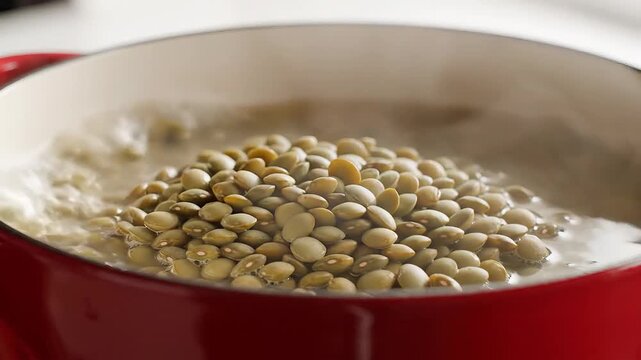 Closeup of Lentils Simmering in a Red Pot of Water.